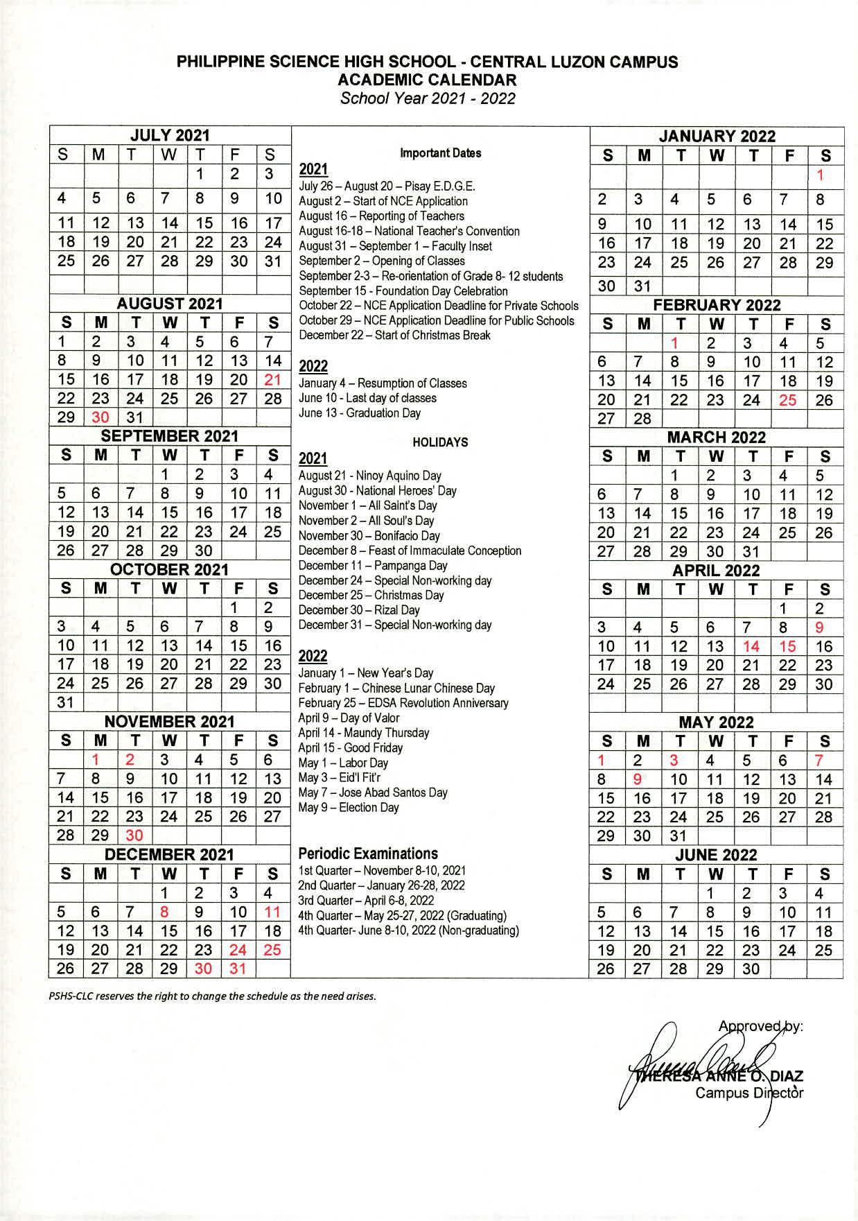 Academic Calendar 2021 2022